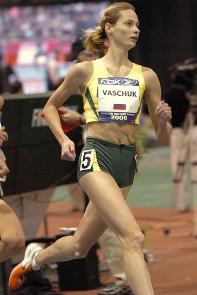 Iryna Vaschuk, a former middle distance star for USC and a native of Russia, sets the pace for the group of four Americans.