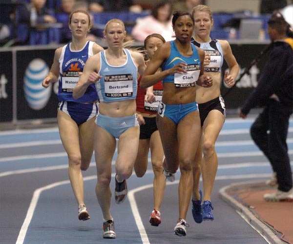 Mishael Bertrand and Hazel Clark lead on the first lap of the second 800m prelim.