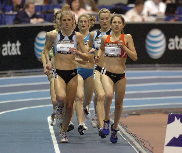 Sara Slattery and Sara Hall lead the 3000 early on. The top two runners in each race would qualify to represent the U.S. at the World Indoor Championships in March.