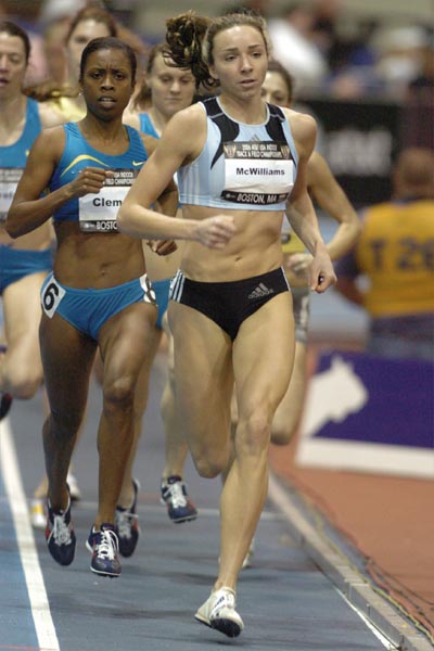 Treniere Clement runs just off the pace, set by Tiffany McWilliams, in second place.