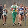 The second lap of the race looked markedly different than the first lap, as a snow squall passed through. L-R: Nicole Blood, Erin Bedell, and Maddie McKeever.