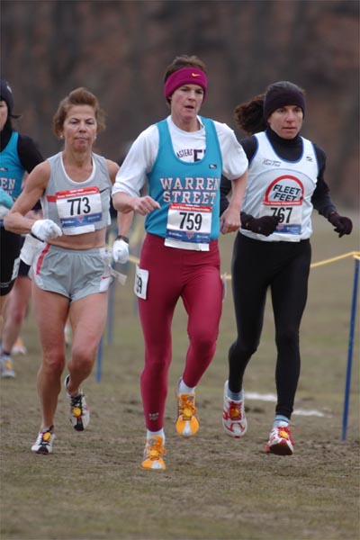 Early on in the masters women's 8K race, (L-R) Kathryn Martin, Barbara Gubbins, and Sarah Krakoff ran together.