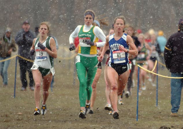 The second lap of the race looked markedly different than the first lap, as a snow squall passed through. L-R: Nicole Blood, Erin Bedell, and Maddie McKeever.