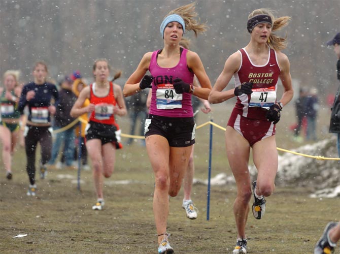 Boston College's Nichole Lister and Iona's McKayla Plank - both whom have been racing for their teams indoors as well - run 4-5.