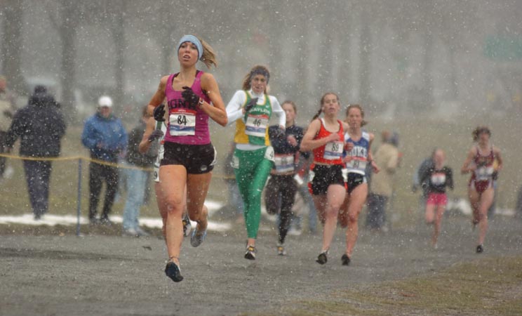 Heading to the finish, McKayla Plank of Iona held a slight lead over Nicole Blood (mostly obscured).